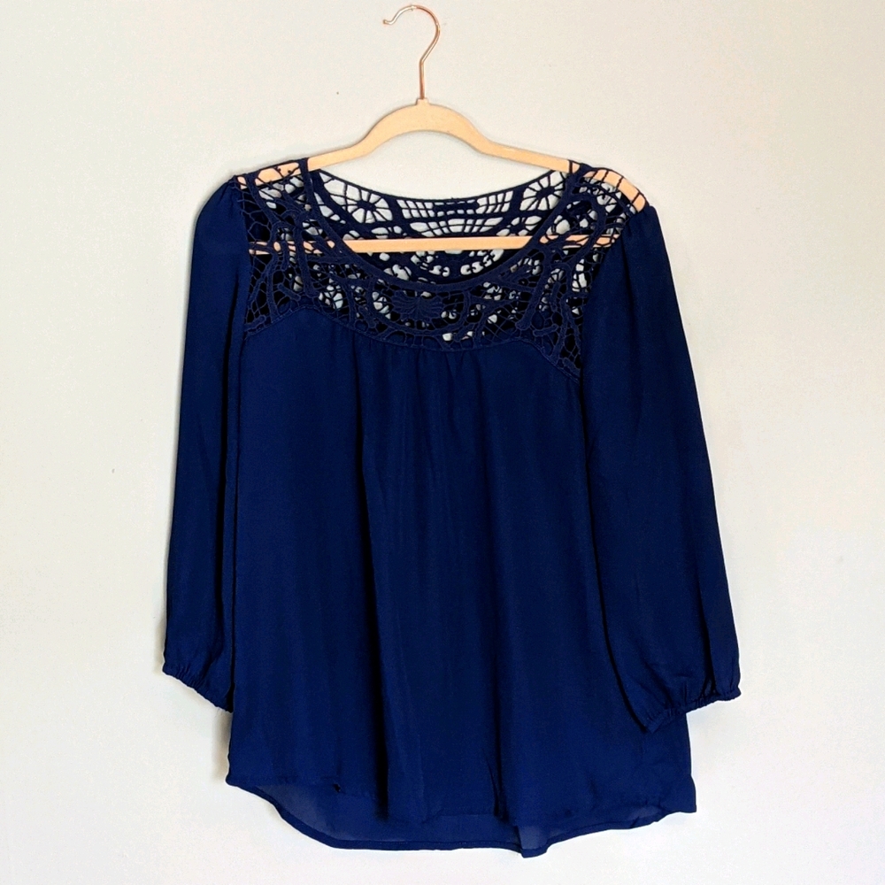 Size large beautiful navy blue blouse with crotche